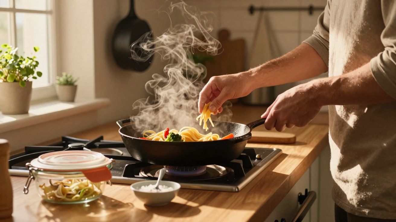 Pessoa preparando massa fresca em frigideira com vapor, em cozinha iluminada pela luz natural.