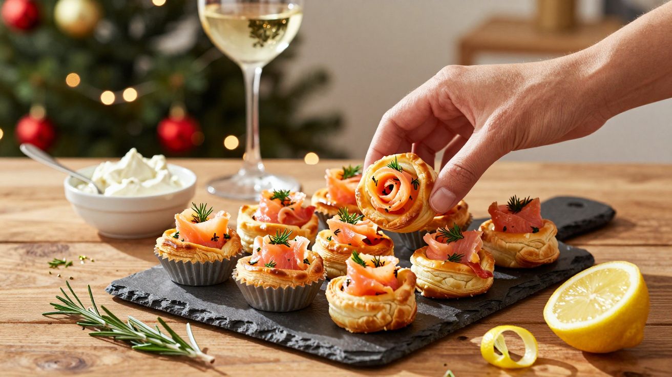 Pessoa pegando canapé de massa folhada com salmão decorado com dill, servido em tábua preta com limão e vinho branco.
