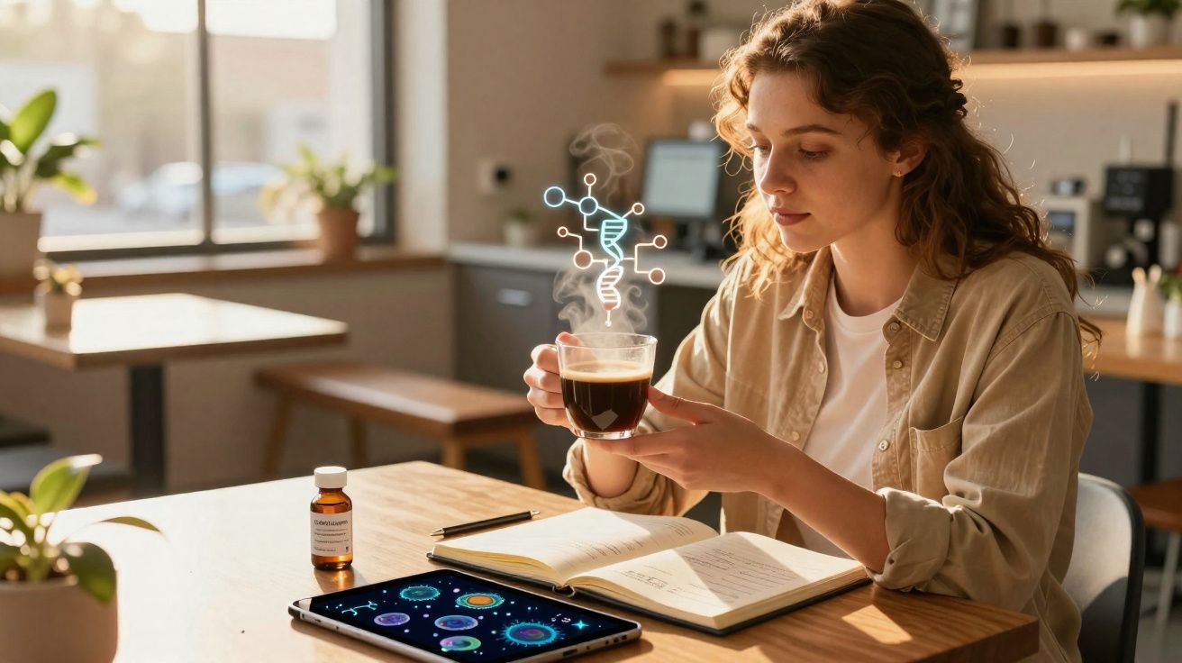 Mulher com cabelo cacheado segura xícara de café fumegante, livro aberto e tablet em mesa de café.