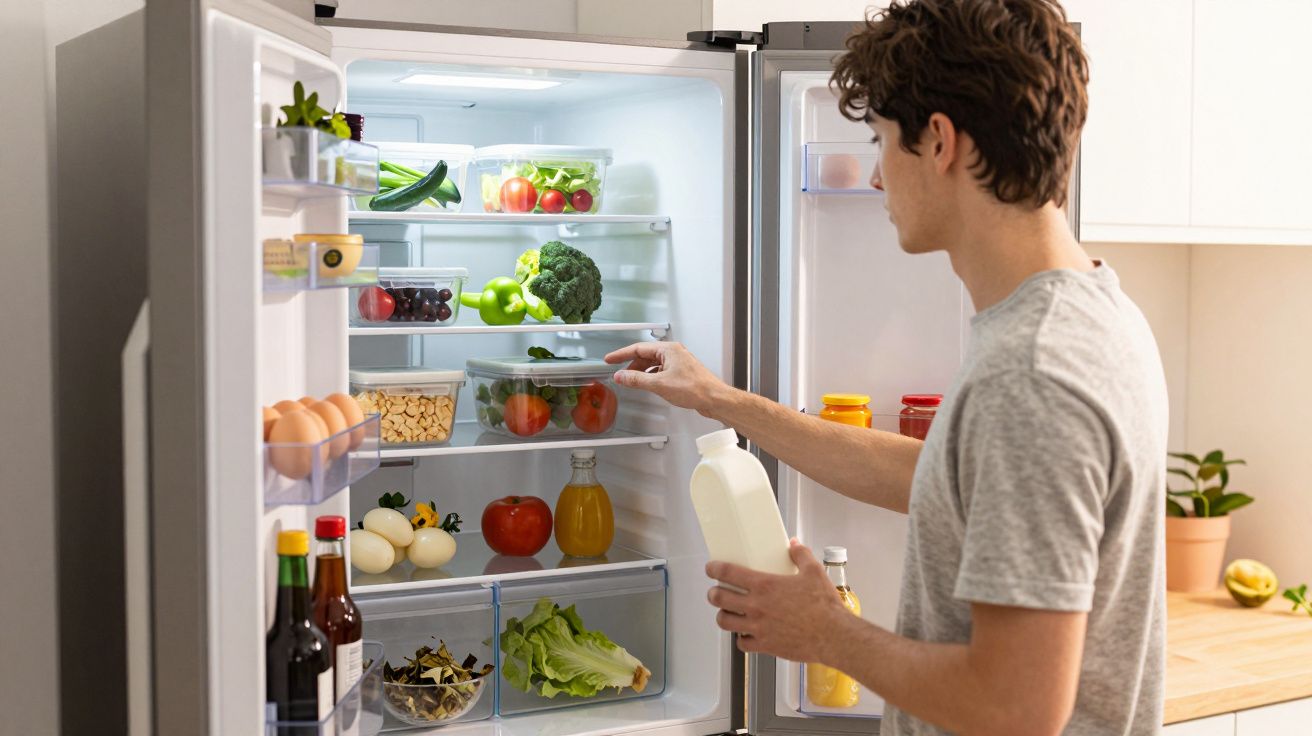Homem de camisa cinza pegando pote com tomate dentro de geladeira cheia de alimentos variados.