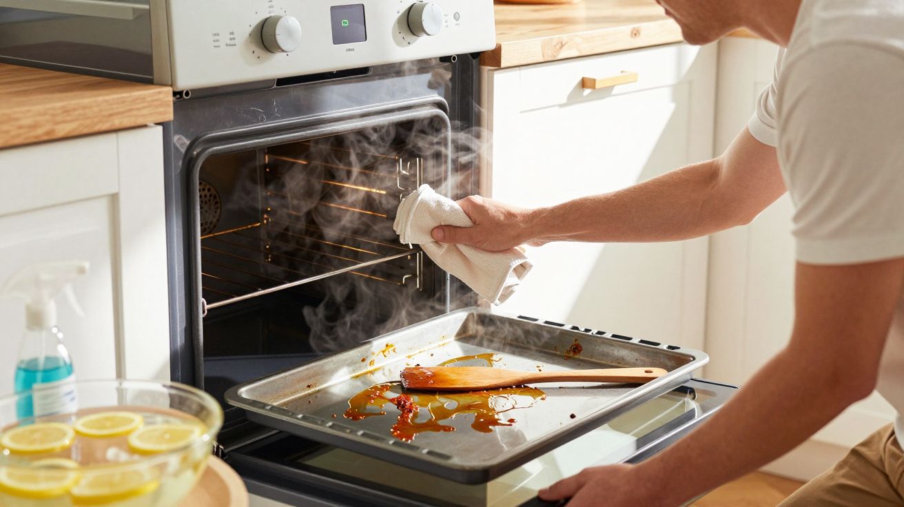 Pessoa limpando assadeira quente retirada do forno em cozinha iluminada.
