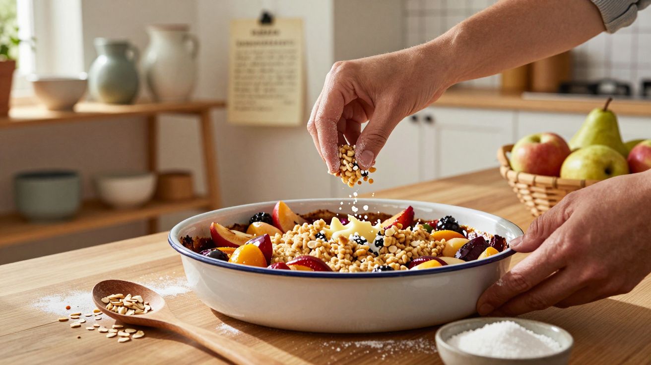 Mãos salpicando granola sobre tigela com frutas picadas em cozinha iluminada.