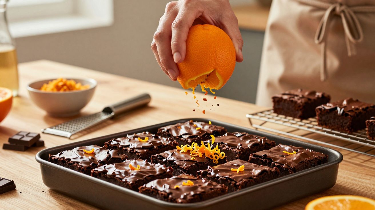Pessoa ralada casca de laranja sobre brownies em forma metálica sobre mesa de madeira.