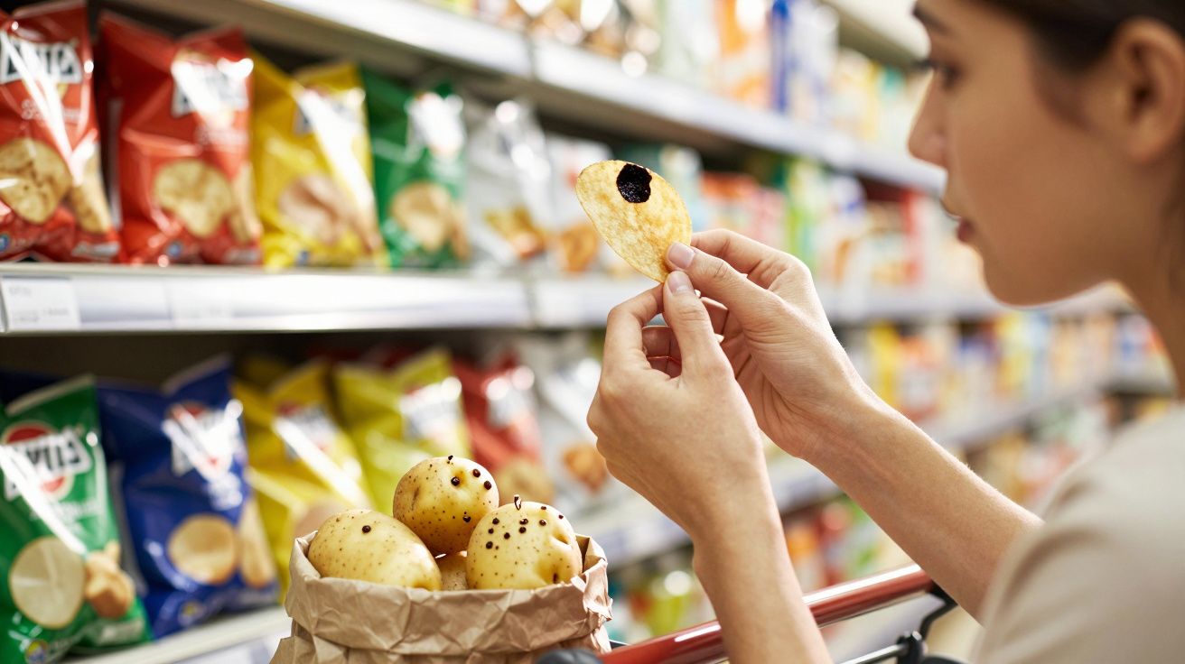 Mulher observa batata com mancha preta antes de comprar em supermercado.