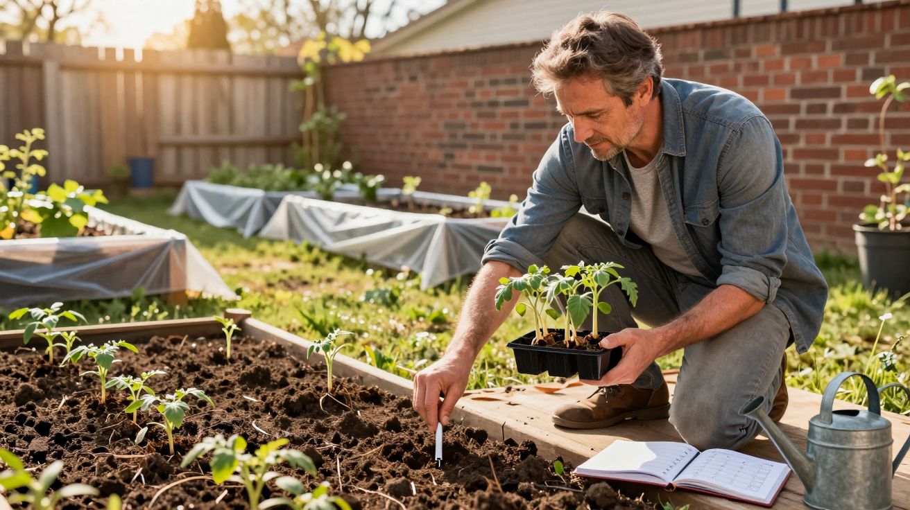 Homem adulto plantando mudas em canteiro de jardim residencial ao ar livre.