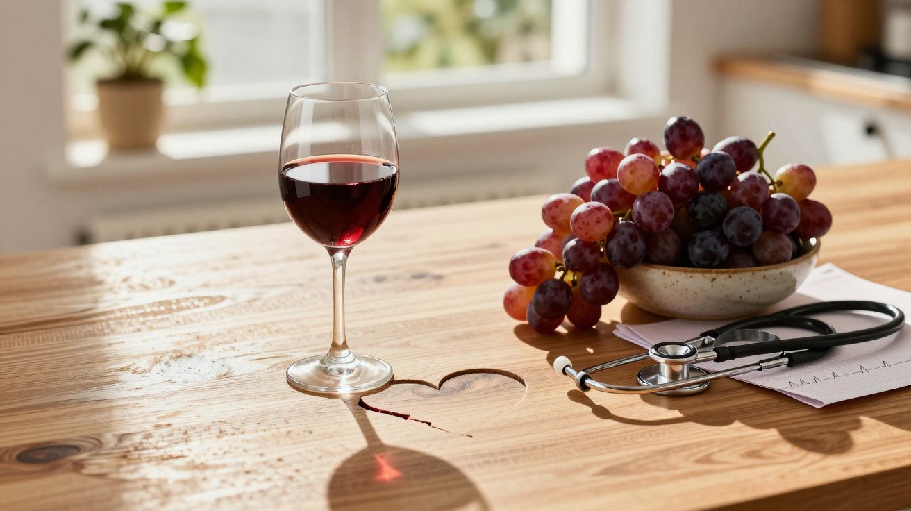 Taça de vinho tinto ao lado de uvas, estetoscópio e papel com gráfico em mesa de madeira clara.