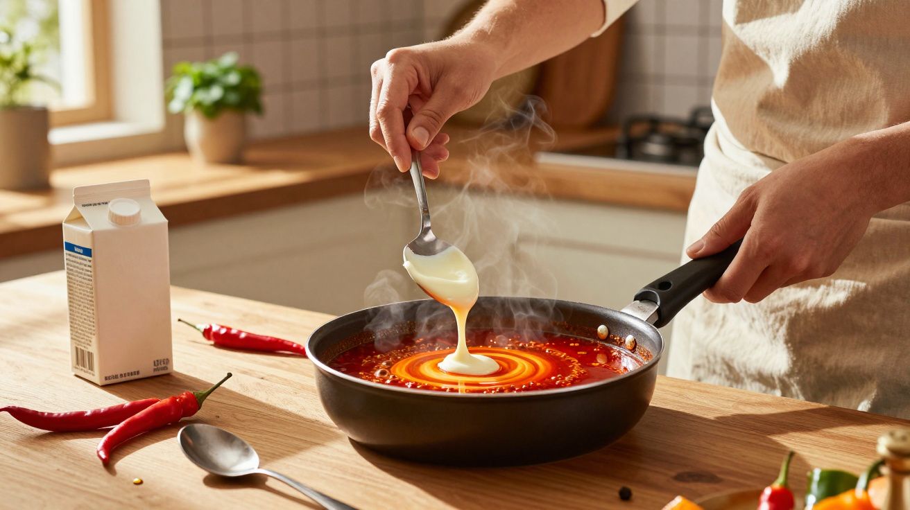 Pessoa mexendo creme em panela com molho vermelho picante na cozinha iluminada natural.