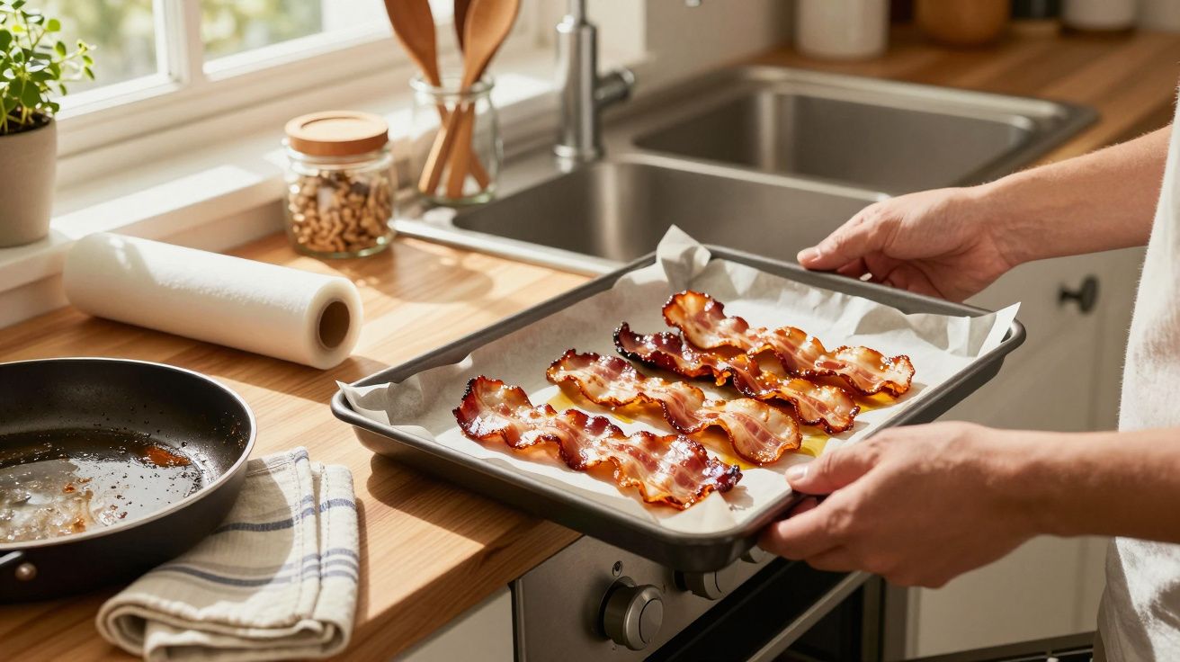 Pessoa segurando forma com tiras de bacon crocante cozido em cozinha clara e organizada.