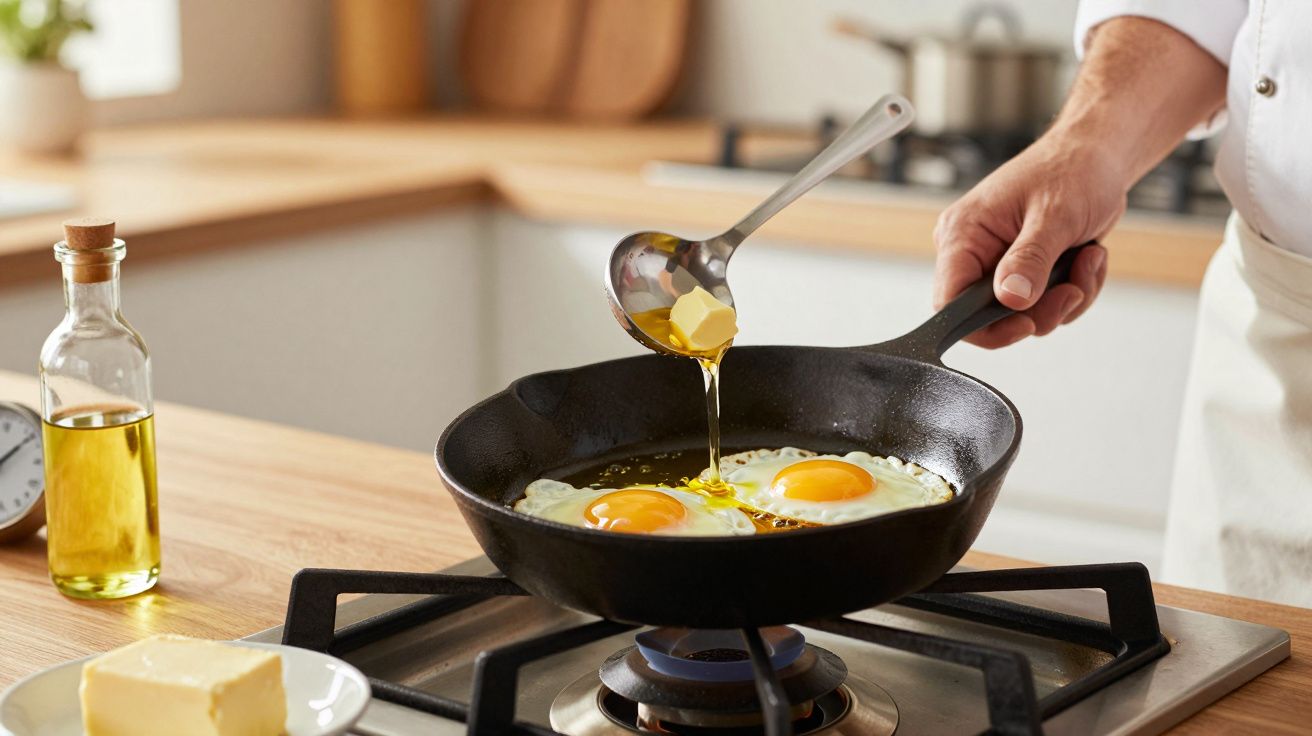 Pessoa adicionando manteiga com concha a ovos fritos na frigideira em fogão de cozinha doméstica.