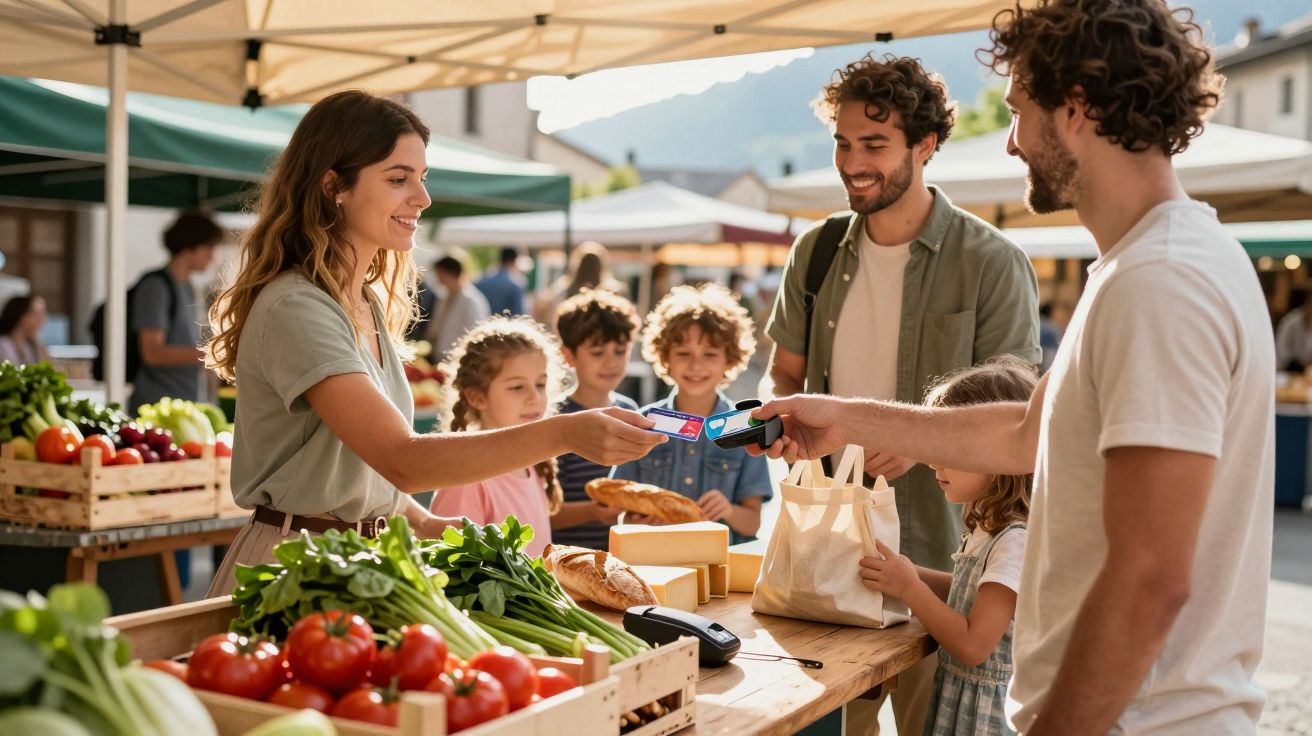 Família fazendo compras em feira ao ar livre, pagando com cartão em banca de verduras e pães.