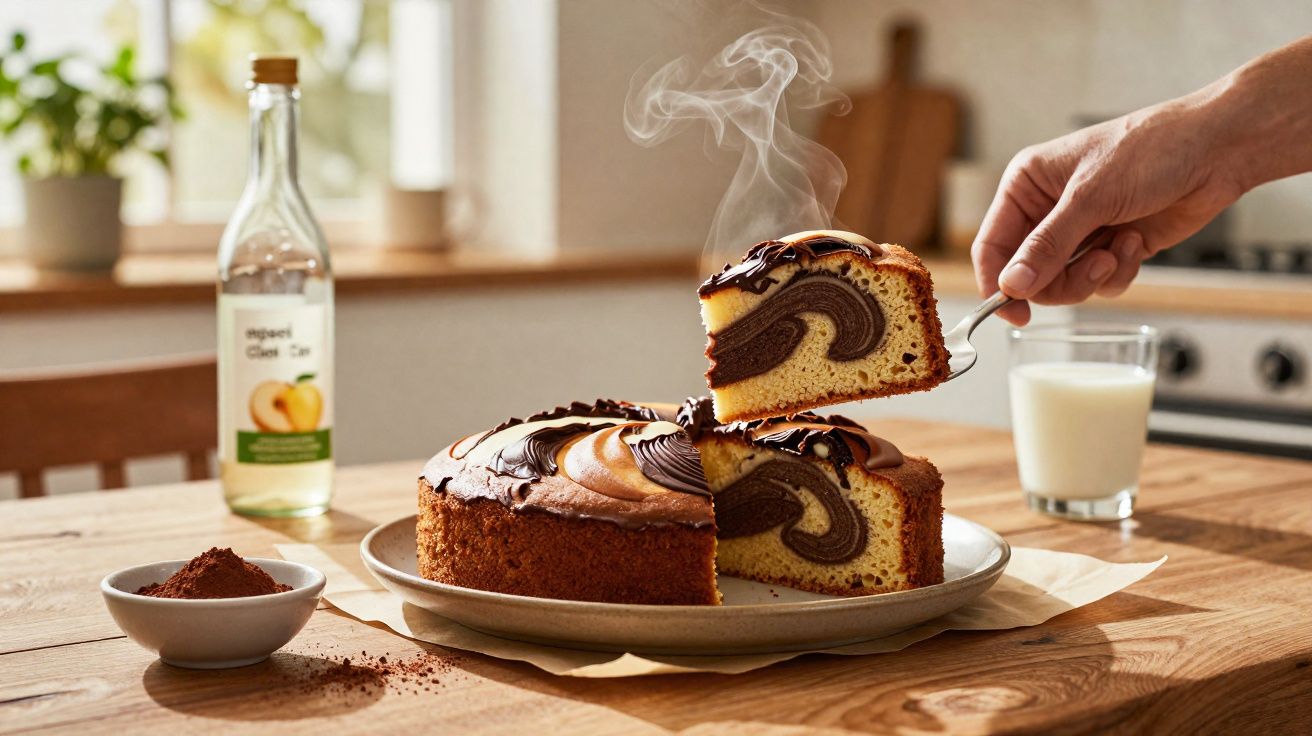 Bolo marmorizado com cobertura de chocolate sendo servido quente com vapor, ao lado de copo de leite e ingredientes na mesa.