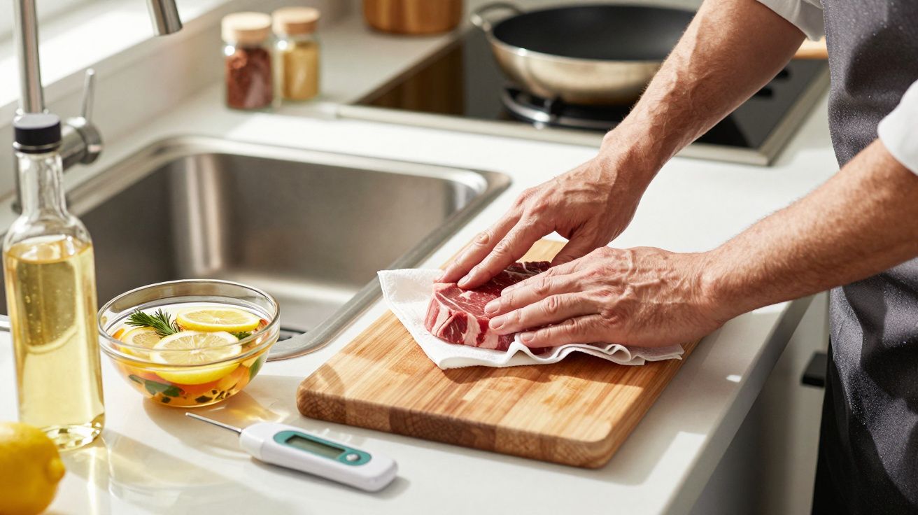 Pessoa secando um pedaço de carne crua com papel toalha em tábua de madeira na cozinha.