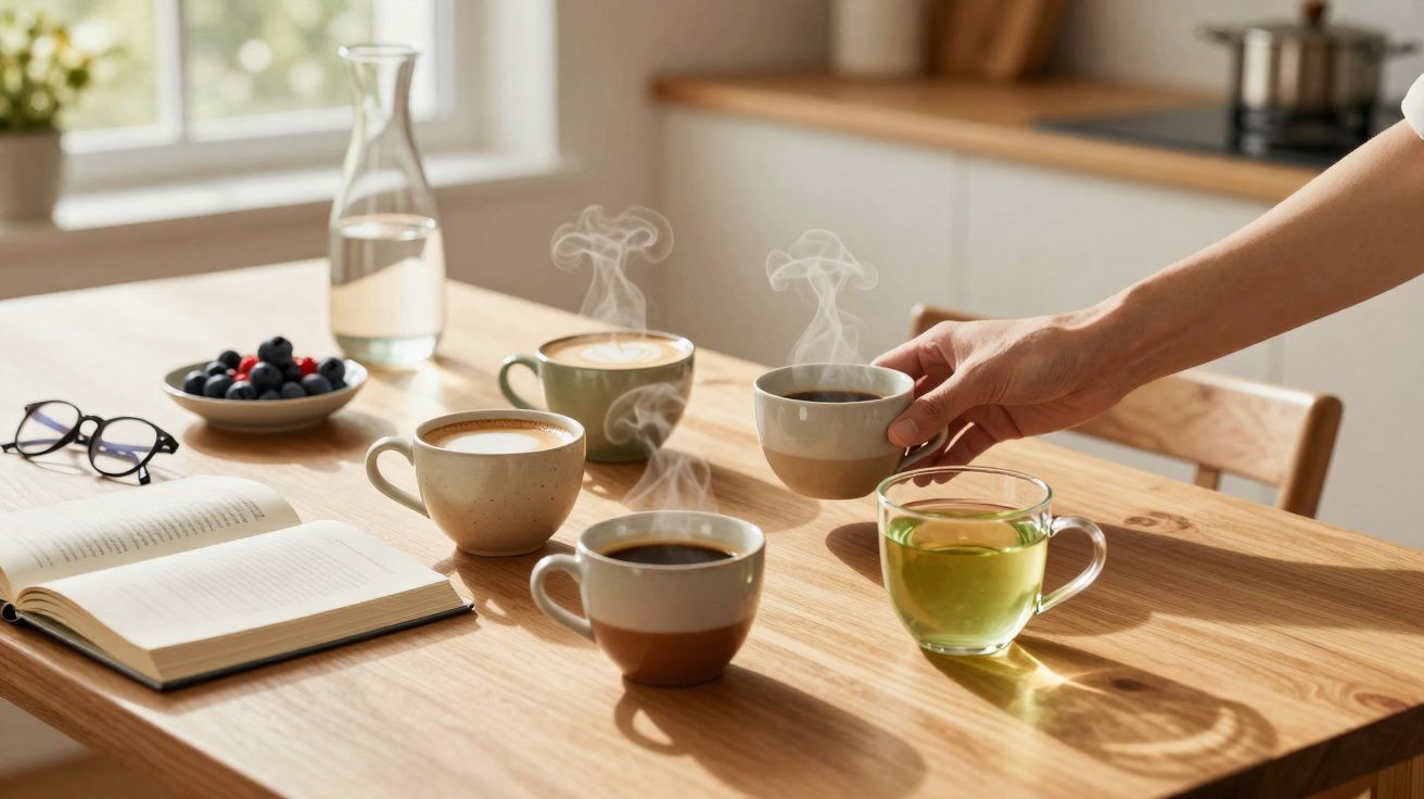 Mesa de madeira com cinco xícaras de café e chá quente, livro aberto, óculos e frutas em tigela.