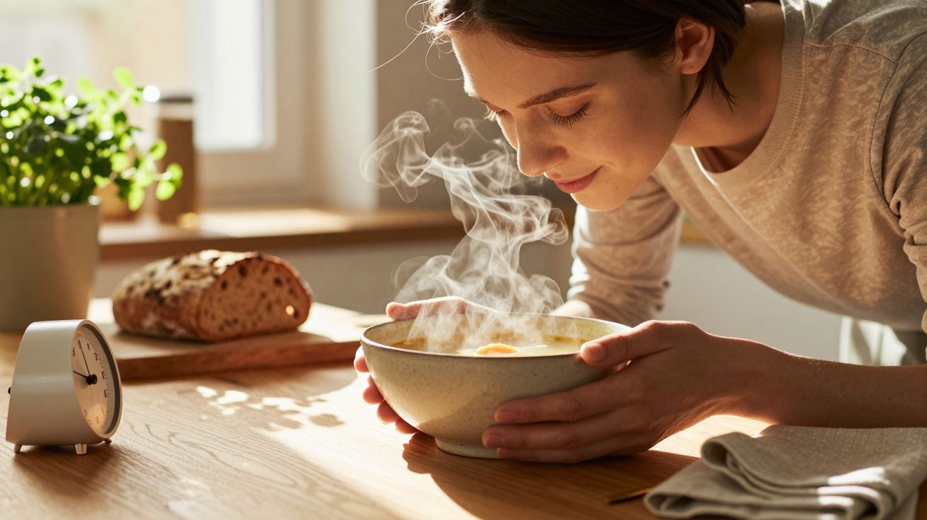 Mulher cheirando tigela fumegante de sopa sentada à mesa de madeira com pão e relógio.
