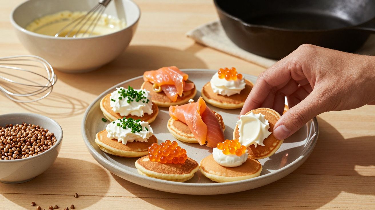 Tigela com massa, batedeira, panquecas pequenas com creme, salmão e ovas em prato cinza.