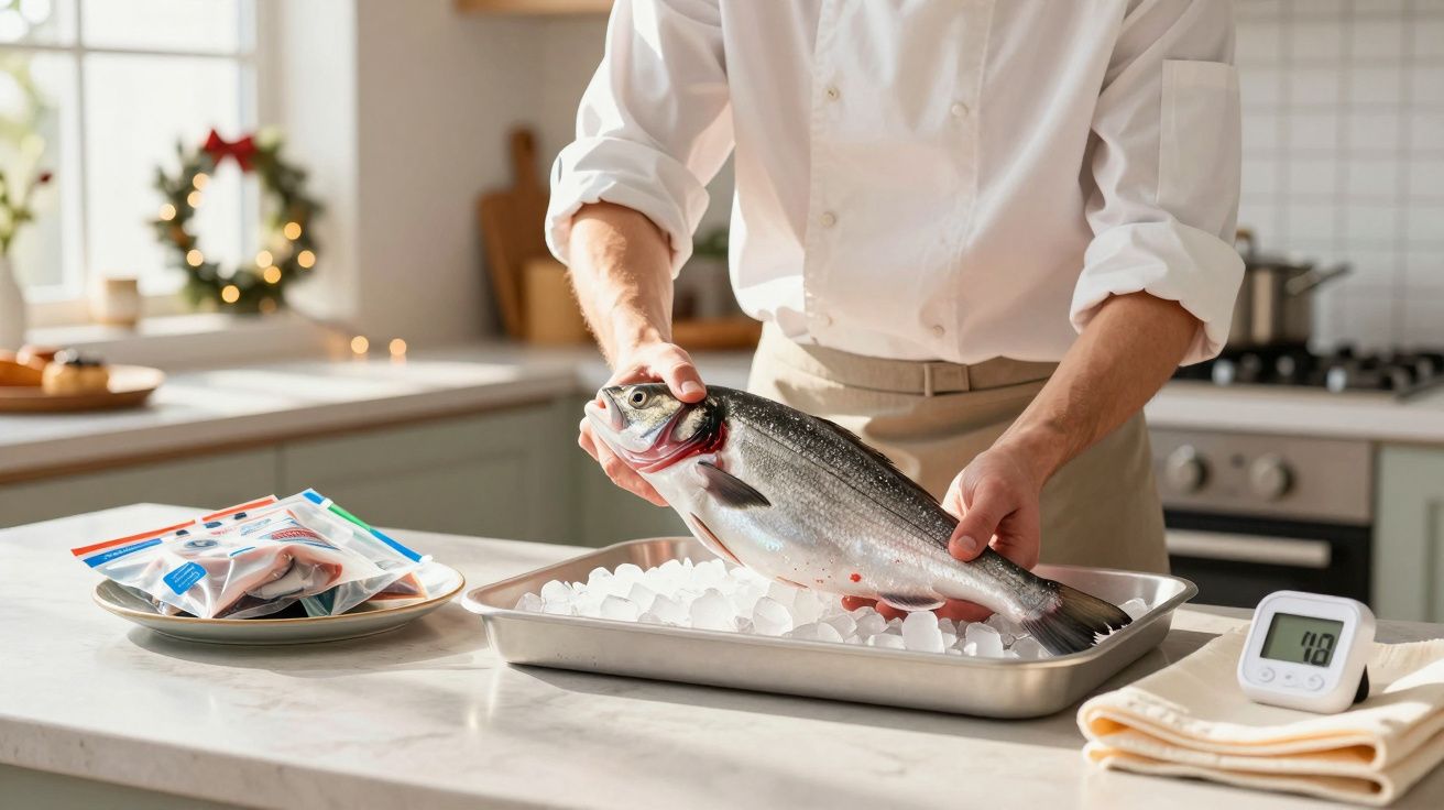 Pessoa segurando peixe fresco sobre bandeja com gelo em cozinha iluminada e decorada para o Natal.