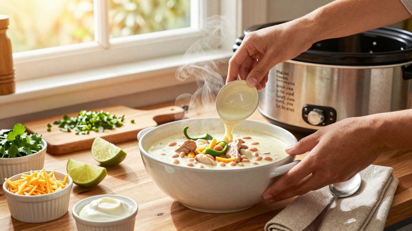 Mãos servindo caldo quente com feijão, queijo, limão e temperos em tigela na mesa de madeira.