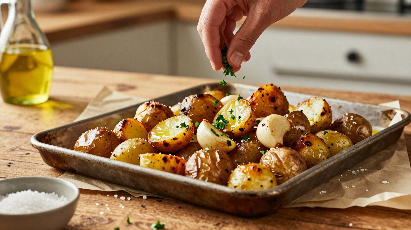 Batatas assadas com alho em tabuleiro sendo finalizadas com ervas frescas em cozinha rústica.