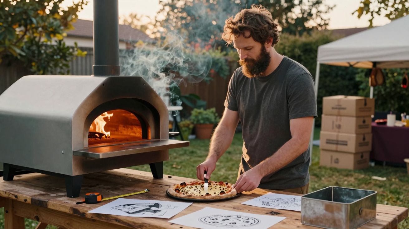 Homem cortando pizza feita em forno a lenha durante tarde ao ar livre no jardim.