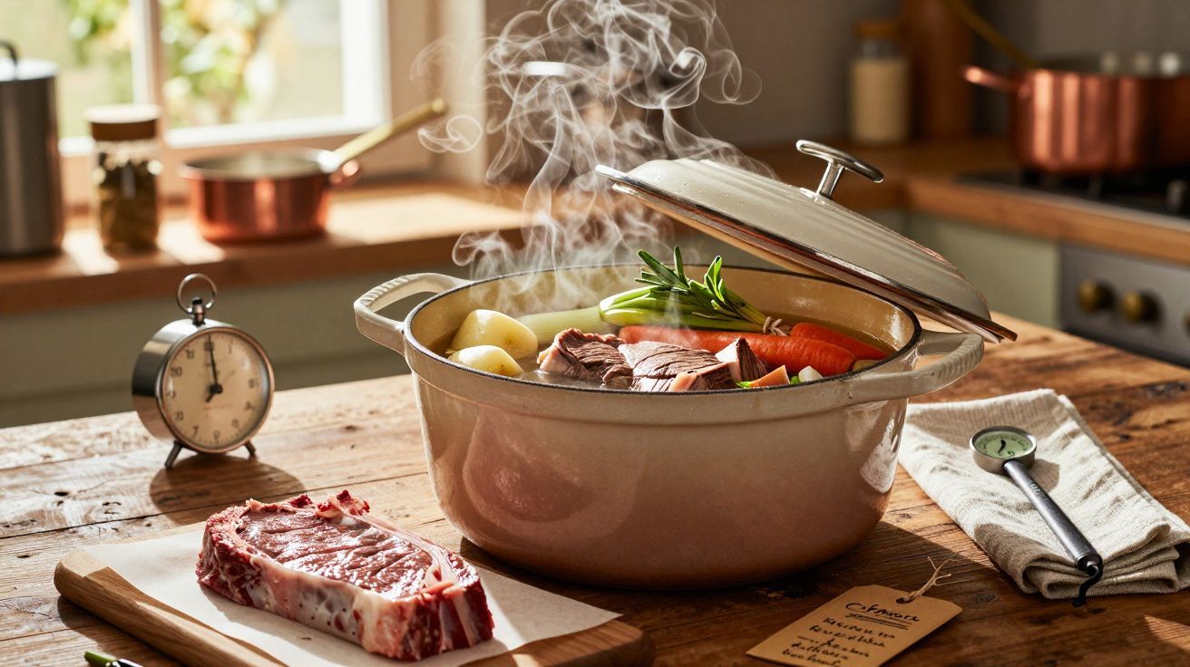 Panela com carne, legumes e batatas cozinhando no fogão em cozinha rústica iluminada.
