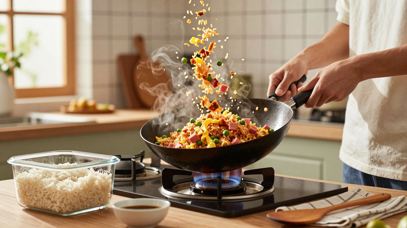 Pessoa mexendo wok no fogão com legumes, arroz e pedaços de presunto em cozinha moderna.
