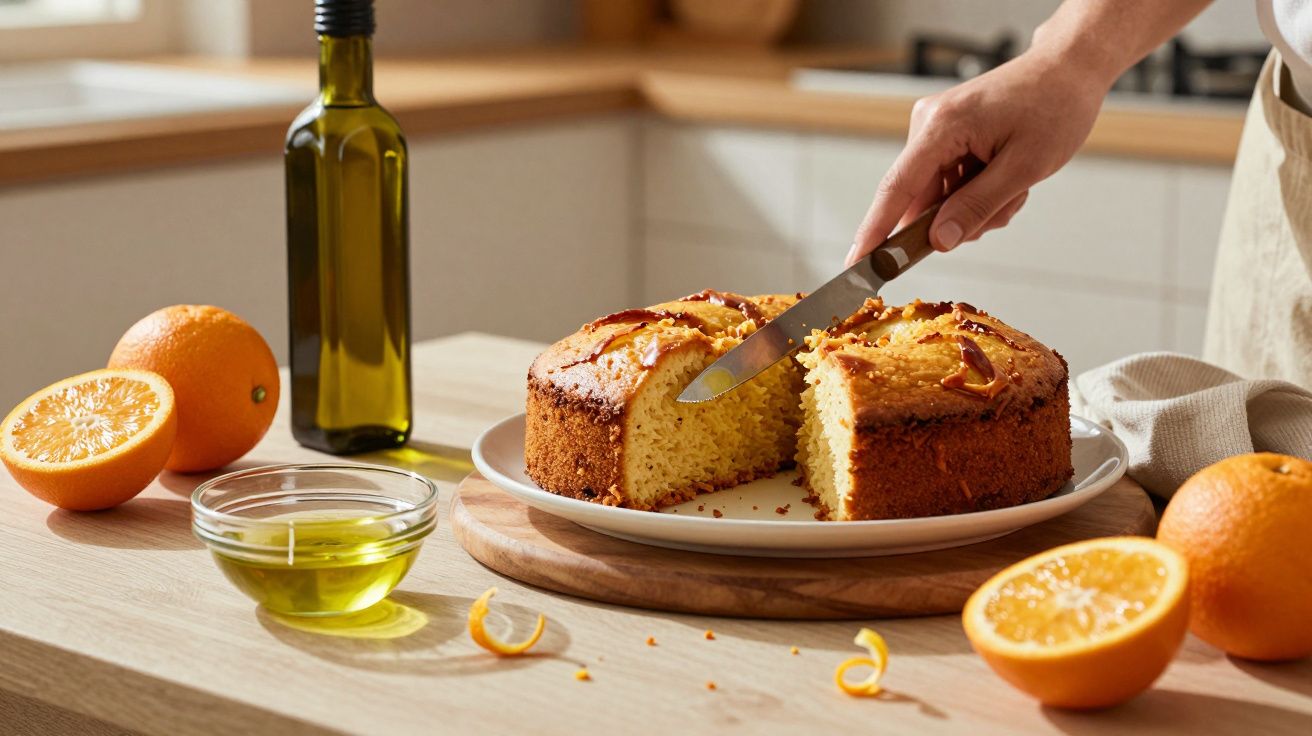 Pessoa cortando bolo de laranja em prato, com laranjas e azeite em bancada de madeira na cozinha.