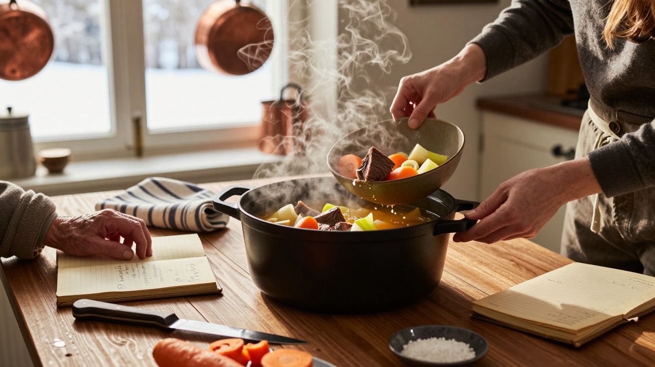 Pessoa adiciona legumes e carne em panela grande com vapor, enquanto outra consulta receita em caderno na cozinha.