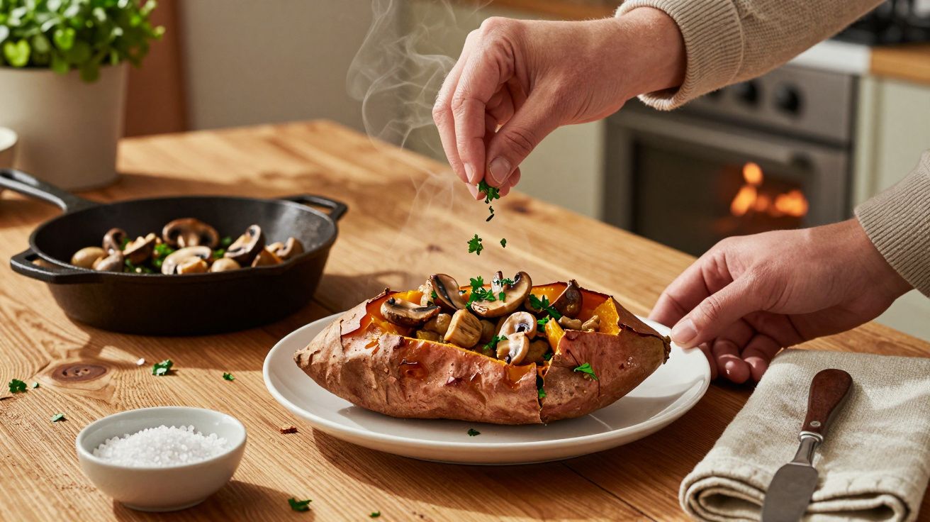 Mãos polvilhando ervas frescas em batata-doce assada com cogumelos em prato branco sobre mesa de madeira.