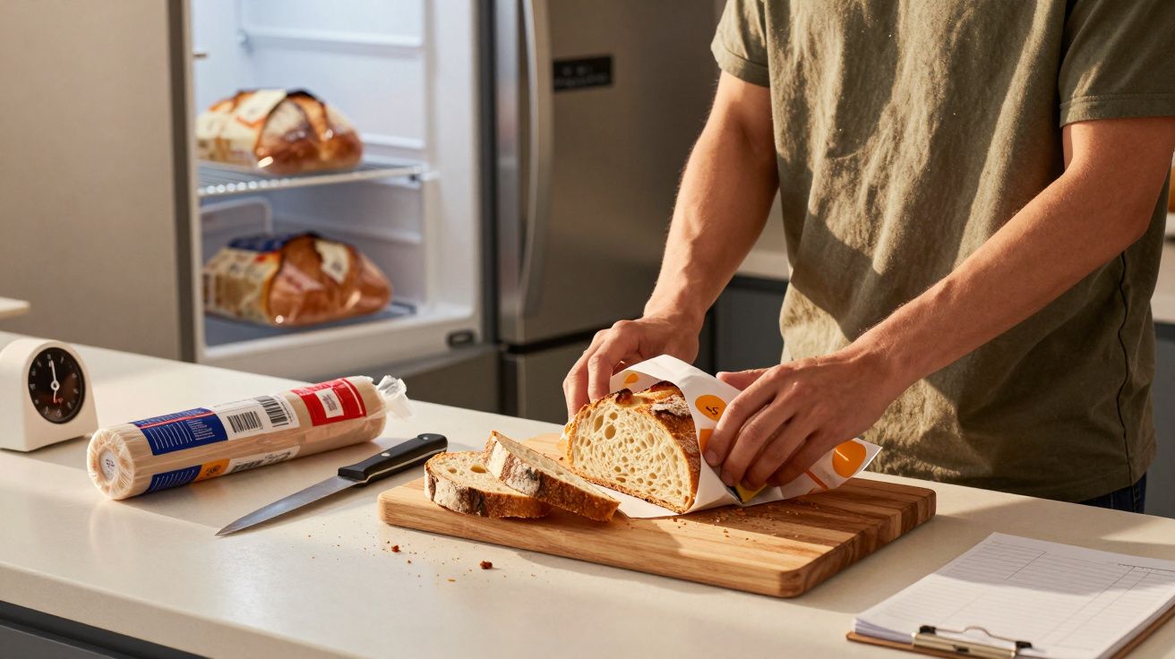 Pessoa desembrulhando pão fatiado sobre tábua de madeira em cozinha moderna com geladeira ao fundo.