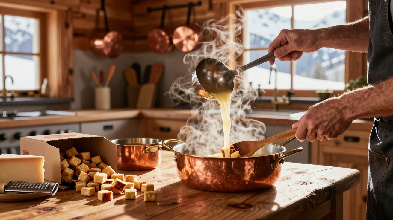 Cozinheiro despejando queijo derretido em panela de cobre com cubos de pão e ralador ao lado.