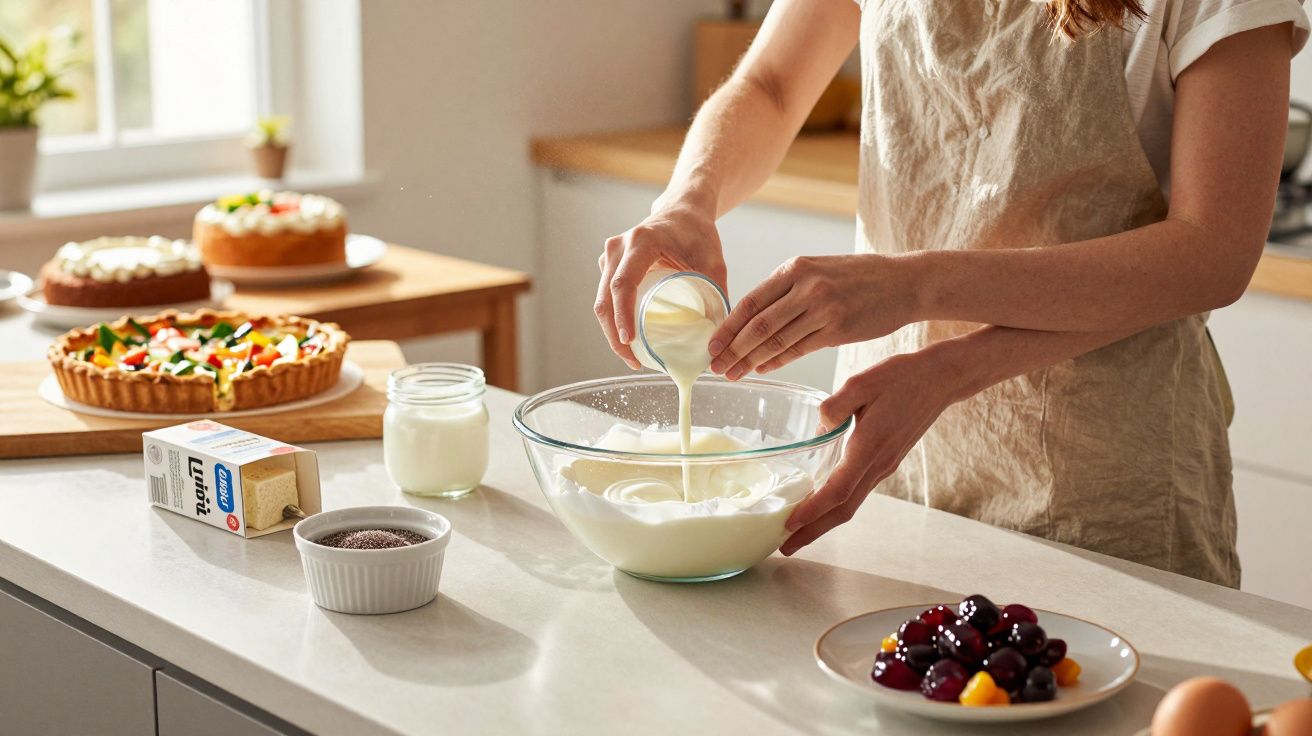 Pessoa derramando creme em uma tigela de vidro em cozinha com tortas e frutas na bancada.