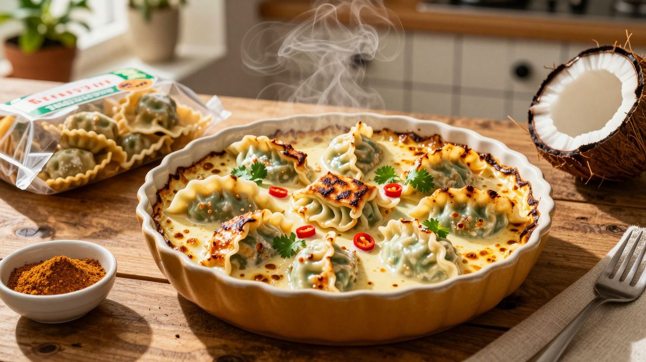 Prato de ravióli gratinado com molho cremoso, pimenta, coentro e coco ao lado, sobre mesa de madeira.