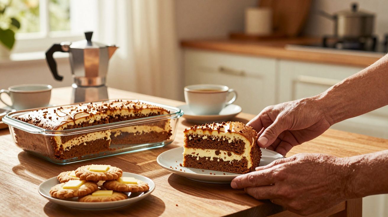 Bolo de chocolate com recheio cremoso em fatia sendo servido, biscoitos na frente e café ao fundo.