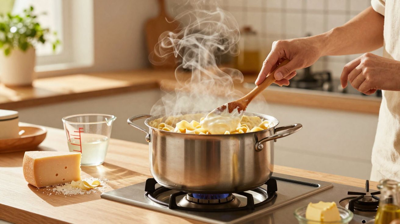 Pessoa mexendo macarrão com molho em panela no fogão em cozinha iluminada e organizada.