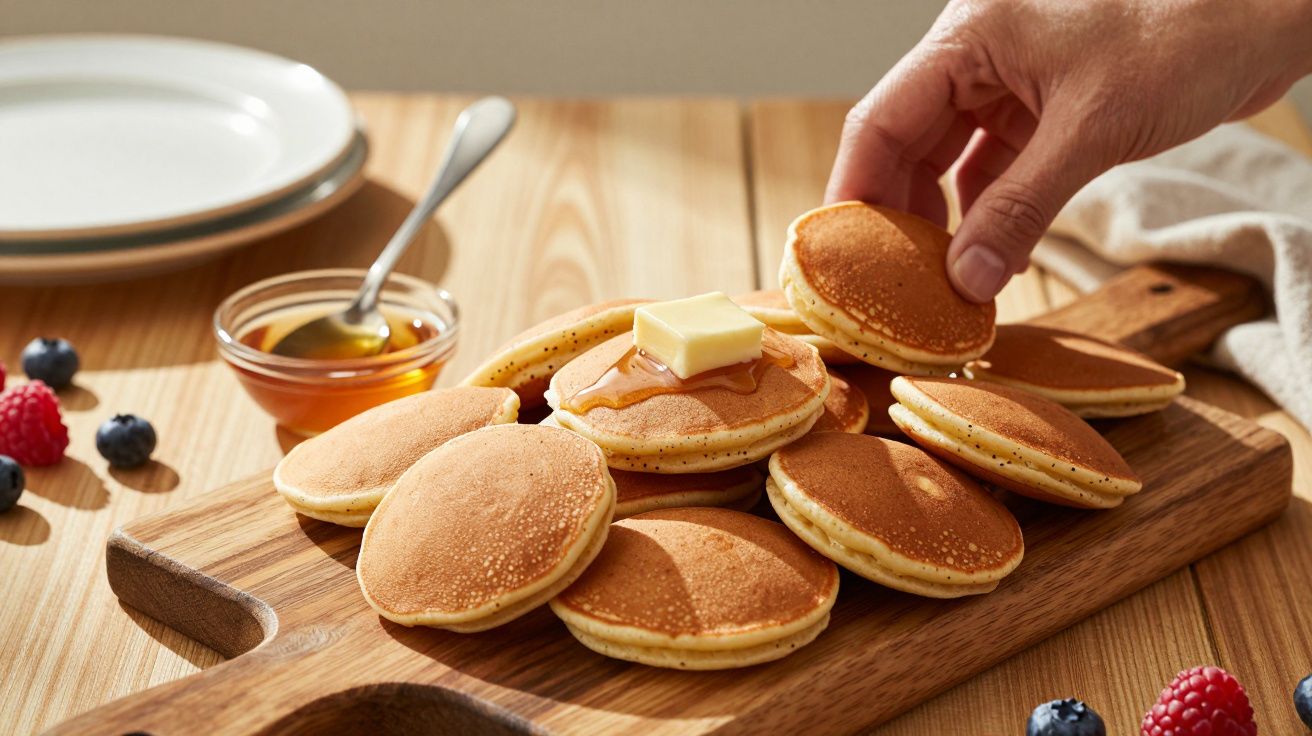 Mini panquecas em tábua de madeira com manteiga, mel e frutas vermelhas ao lado.