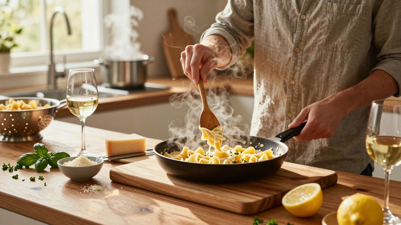 Pessoa mexendo macarrão em frigideira com vinho, queijo e limões em bancada de cozinha iluminada.