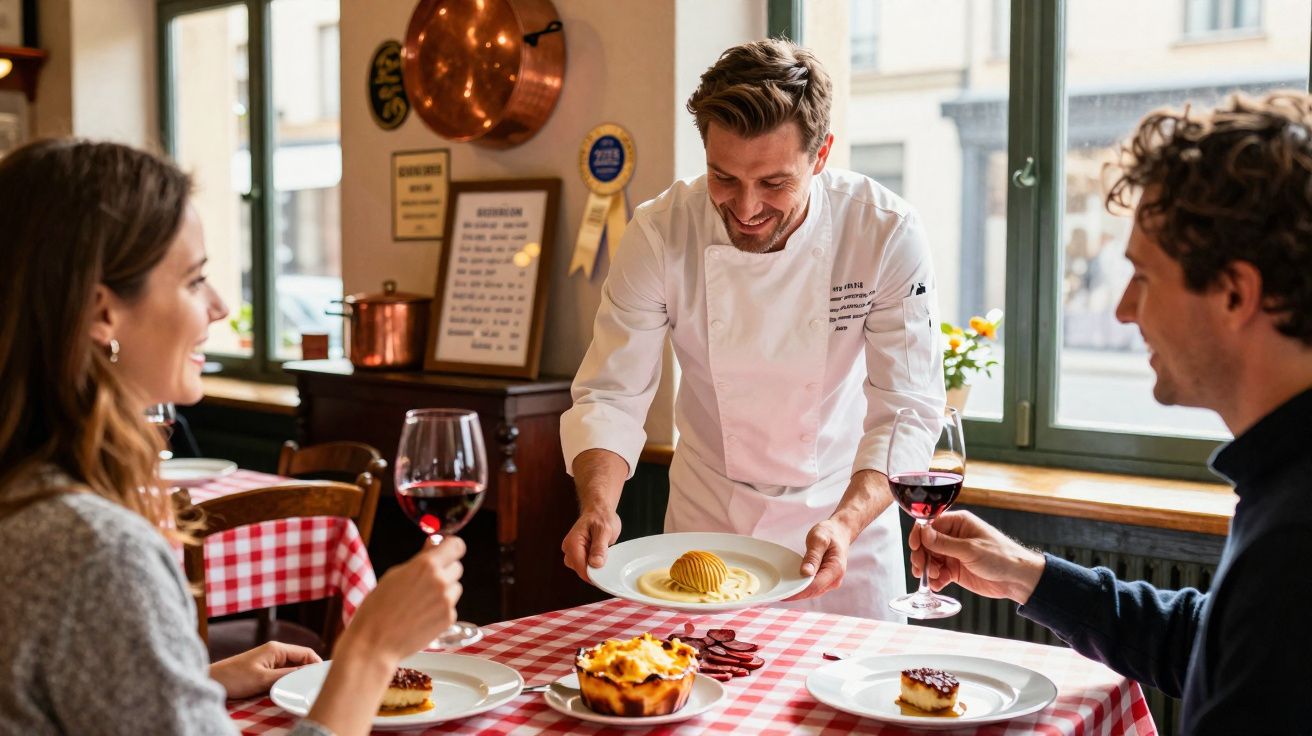Chef servindo prato para casal em restaurante com toalha xadrez vermelha e branca.