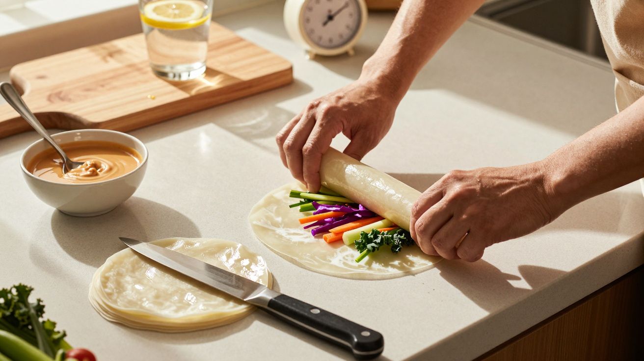 Mãos enrolando wrap com cenoura, pepino, repolho roxo e coentro em balcão de cozinha iluminado.