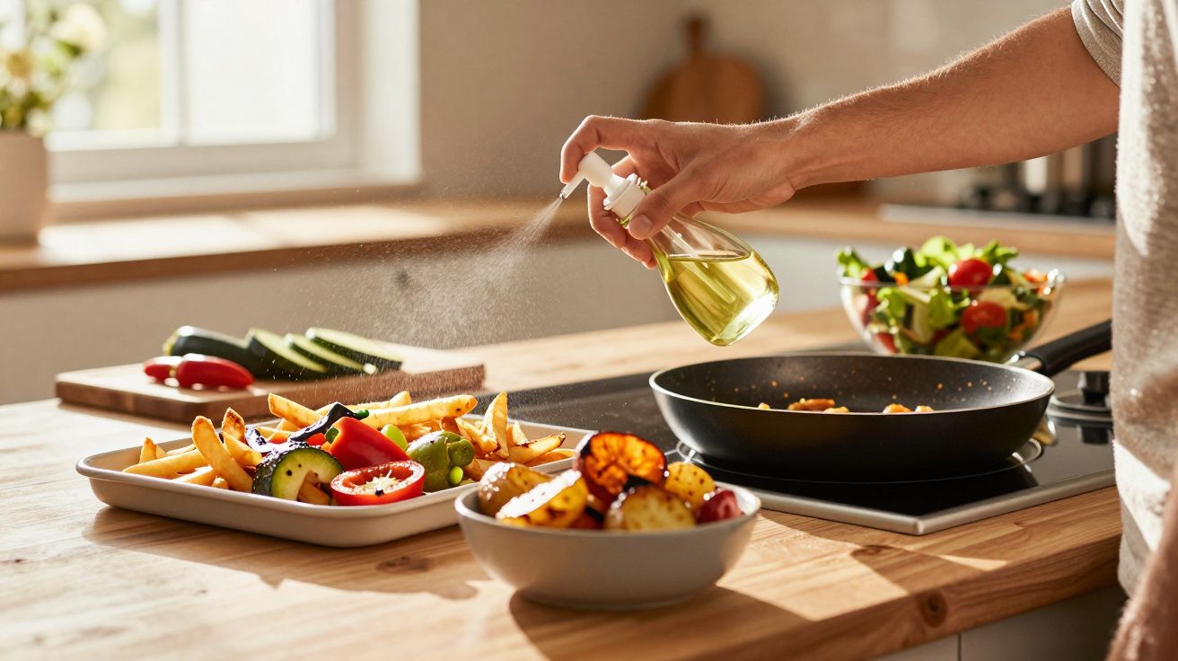 Pessoa borrifando óleo em frigideira com pratos de legumes e salada sobre bancada de madeira.