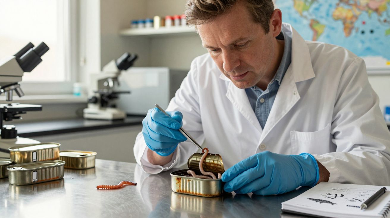 Cientista com jaleco branco e luvas azuis examina minhocas em latas de sardinha em laboratório.