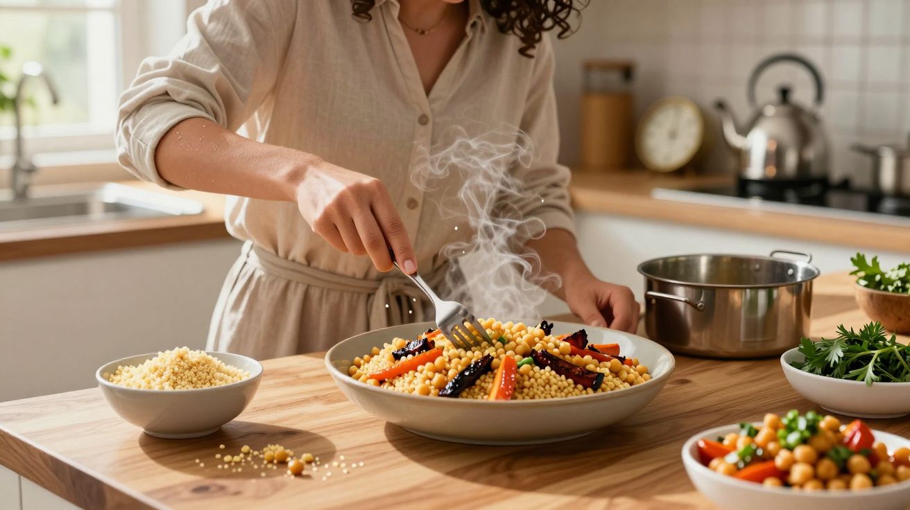 Mulher preparando cuscuz marroquino com legumes e ervas frescas em cozinha iluminada.