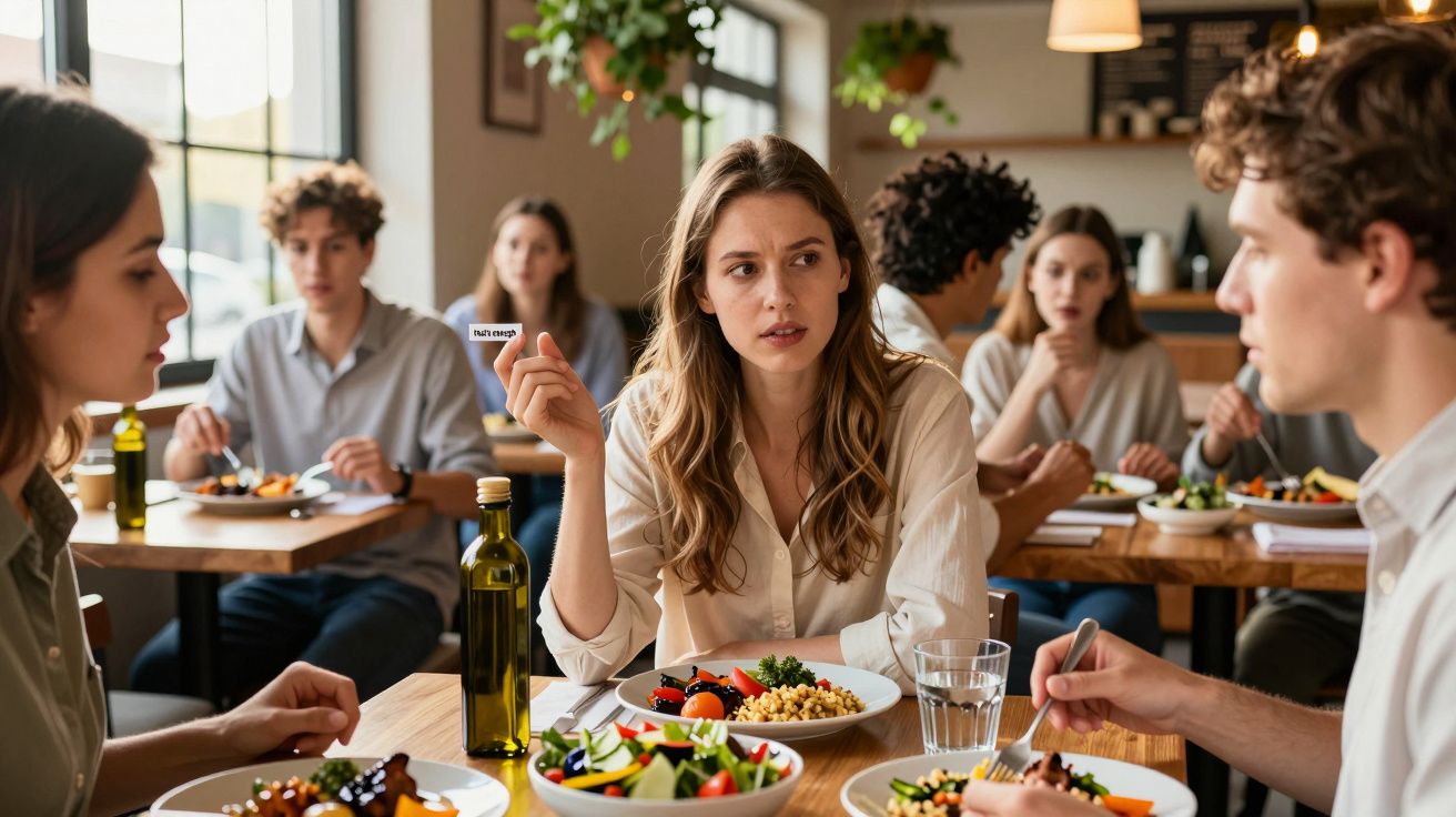 Grupo de pessoas jovens conversando e comendo salada em restaurante iluminado e decorado com plantas.
