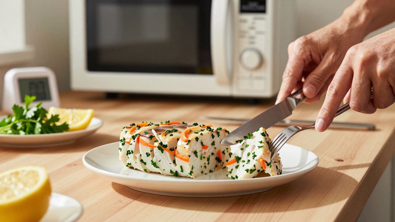 Pessoa cortando um peixe branco temperado com ervas e fatias de cenoura em prato branco na cozinha.