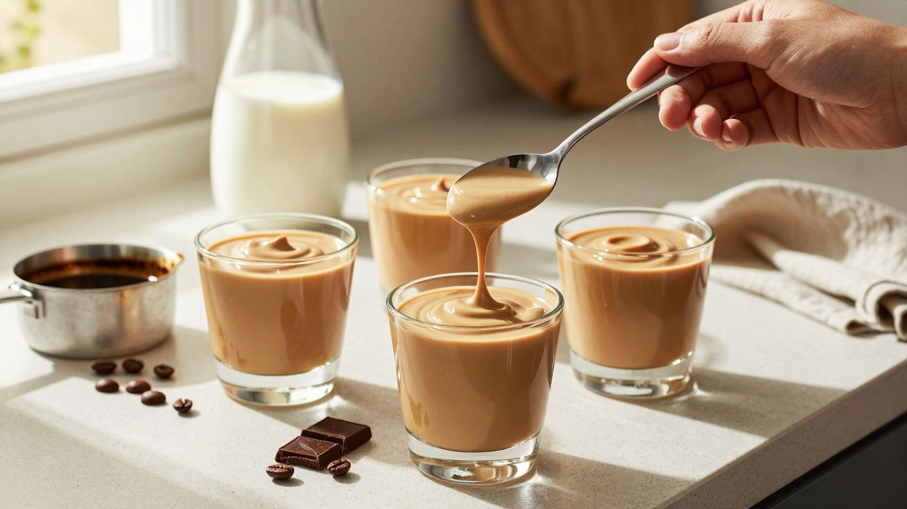 Cinco copos de vidro com creme de café e uma mão mexendo o creme com uma colher.