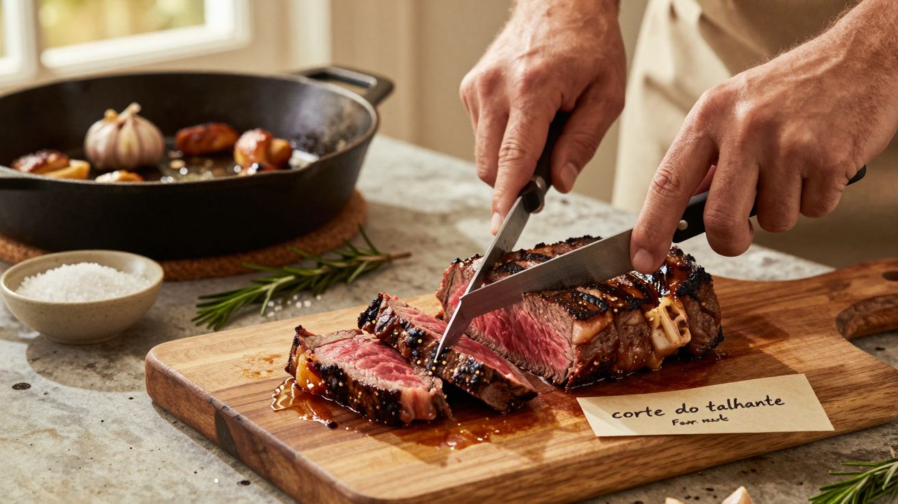 Pessoa cortando bife malpassado em tábua de madeira com frigideira e temperos ao fundo.
