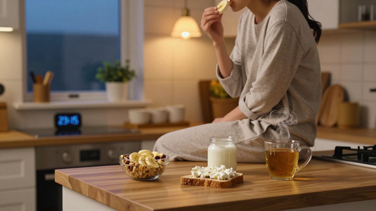 Pessoa sentada no balcão da cozinha comendo banana, ao lado chá, leite e pão com ricota.