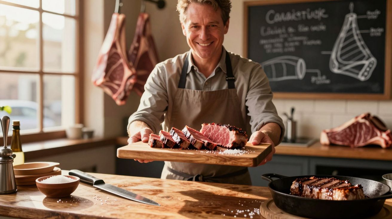 Homem sorridente em açougue apresenta peça de carne em tábua de corte em ambiente iluminado.