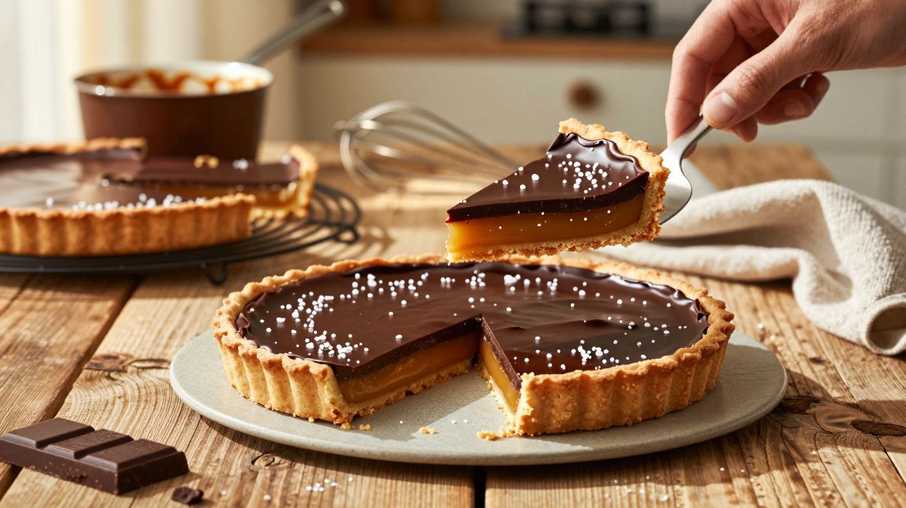 Mão pegando fatia de torta de chocolate com recheio de caramelo sobre mesa de madeira.