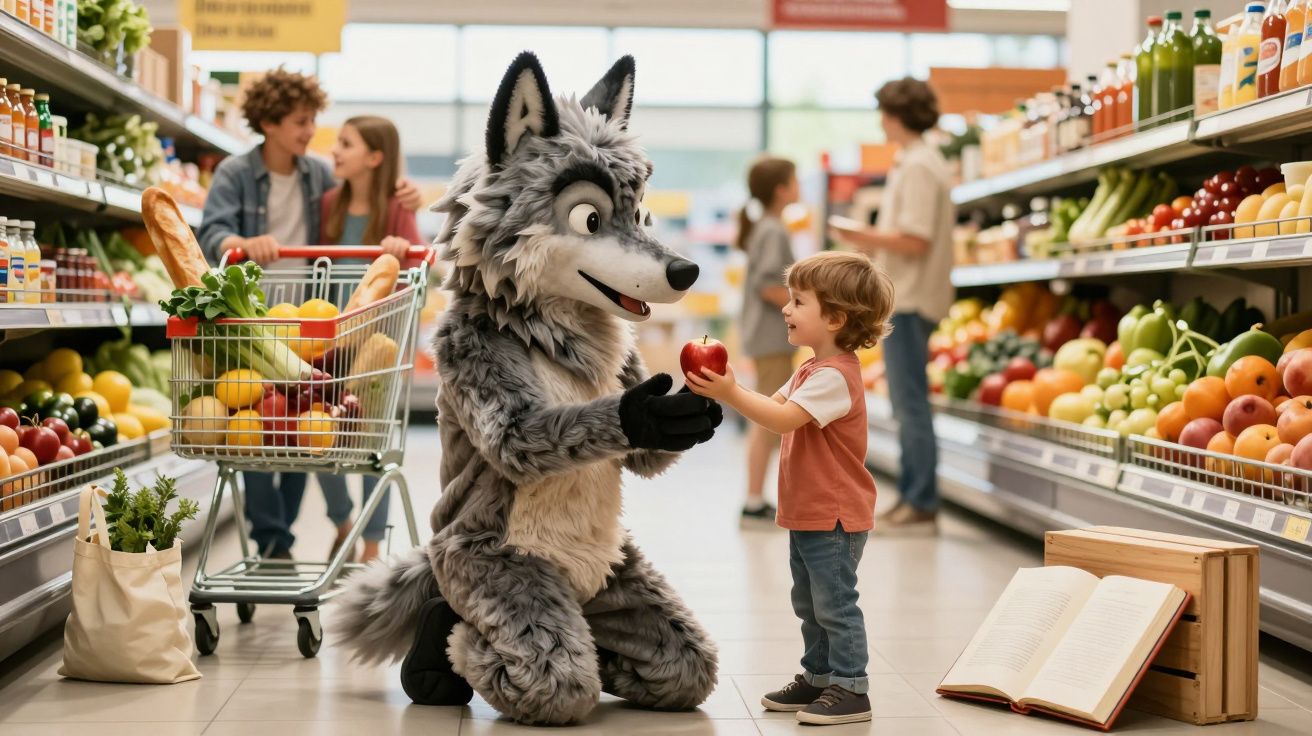 Criança entregando maçã para pessoa fantasiada de lobo em corredor de mercado cheio de frutas e legumes.