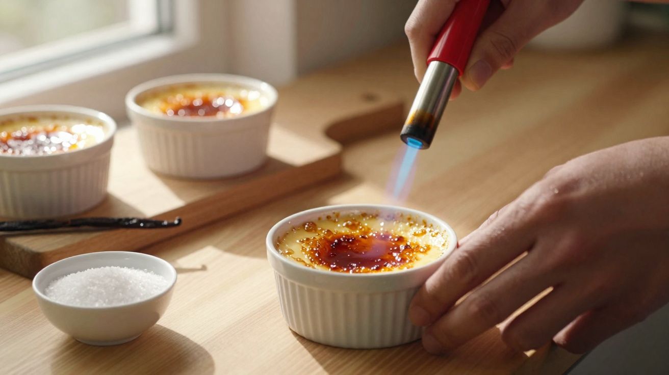 Mãos caramelizando creme brûlée com maçarico em tigela branca sobre mesa de madeira clara.